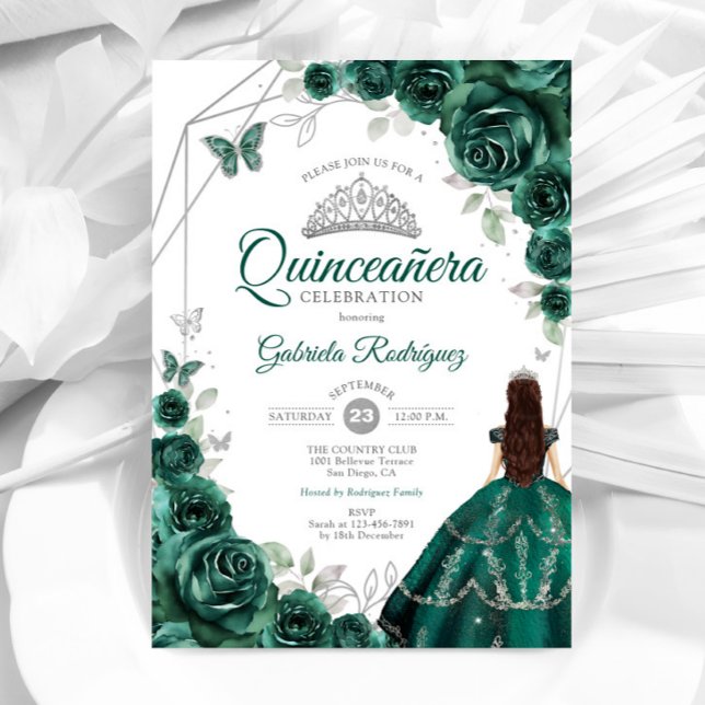 Invitation Robe verte émeraude de Quinceanera argentée (Créateur téléchargé)