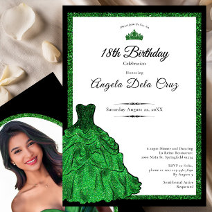 Invitation Robe verte émeraude et diadème pour les 18 ans