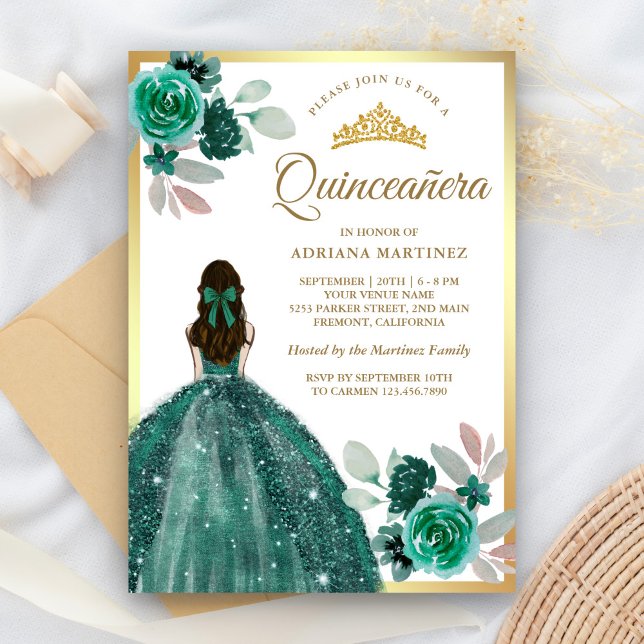Invitation Robe verte émeraude florale dorée Quinceanera (Créateur téléchargé)