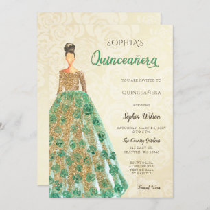 Invitation Robe Verte Émeraude Or Quinceanera
