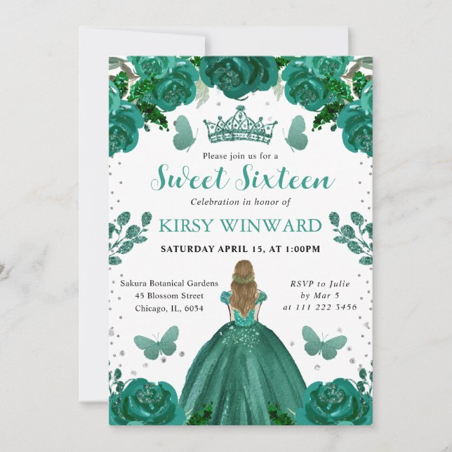Invitation Robe verte émeraude Princesse blonde Sweet 16 (Devant)