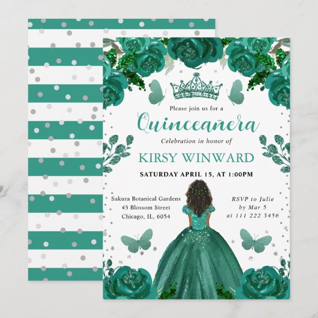 Invitation Robe verte émeraude Princesse Dark Skin Quinceaner (Devant / Derrière)