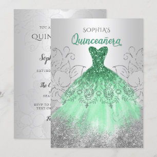 Invitation Robe verte en argent étincelle Quinceañera Quince
