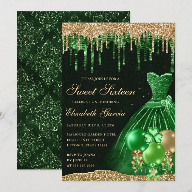 Invitation Robe verte et paillettes dorées sucrées 16 (Devant / Derrière)