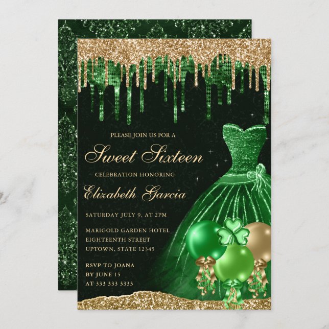Invitation Robe verte et Parties scintillant à goutte d'or Sw (Devant / Derrière)