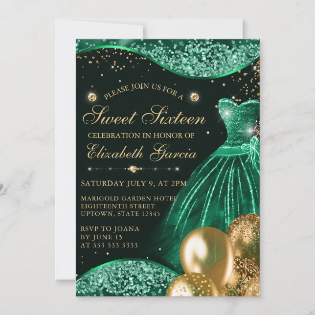 Invitation Robe verte et Parties scintillant or Ballons doux  (Devant)