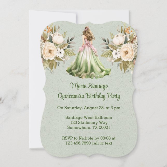 Invitation Robe verte et rose Quinceanera fête d'anniversaire (Devant)