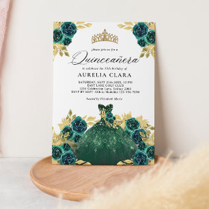 Invitation Robe verte Glam Floral 15ème Quinceañera