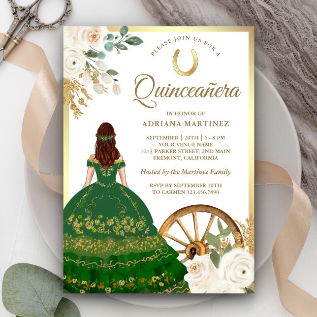 Invitation Robe verte ivoirienne Charro Gold Quinceanera (Créateur téléchargé)