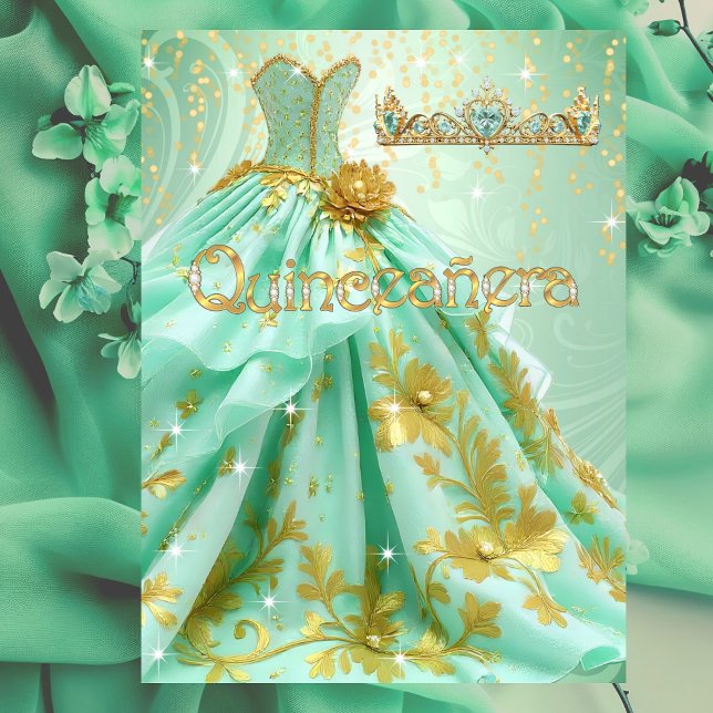 Invitation Robe verte menthe et or pour fête d'anniversaire d (Créateur téléchargé)