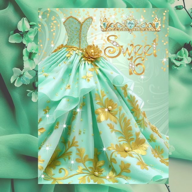Invitation Robe verte menthe et or pour une fête d'anniversai (Créateur téléchargé)