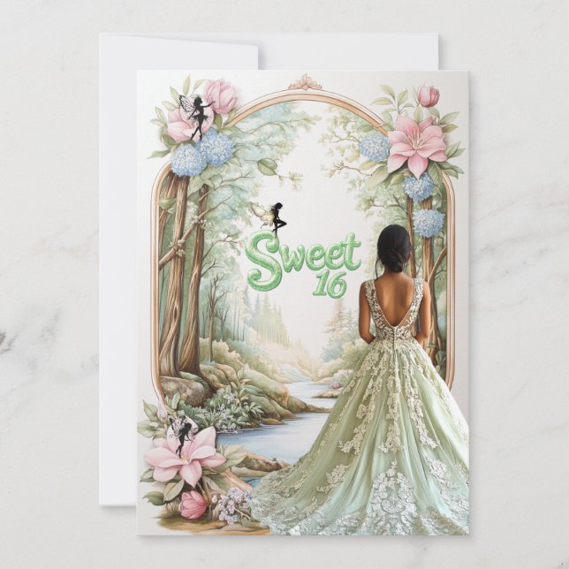 Invitation Robe verte menthe Sweet Sixteen Fées de la forêt (Devant)