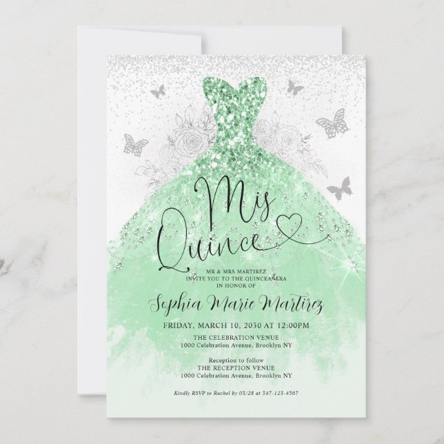 Invitation Robe verte Mis Quince Quinceañera (Devant)