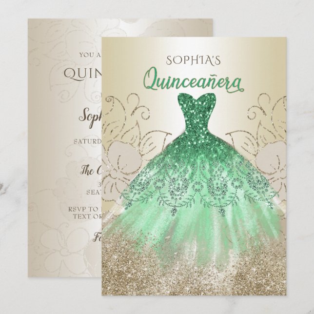 Invitation Robe Verte Or Éperche Quinceañera Quince (Devant / Derrière)