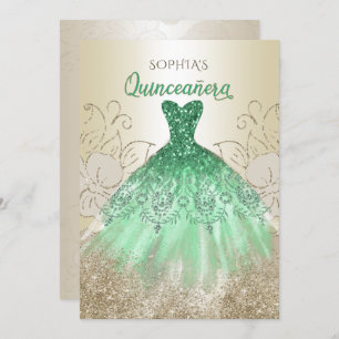 Invitation Robe Verte Or Éperche Quinceañera Quince