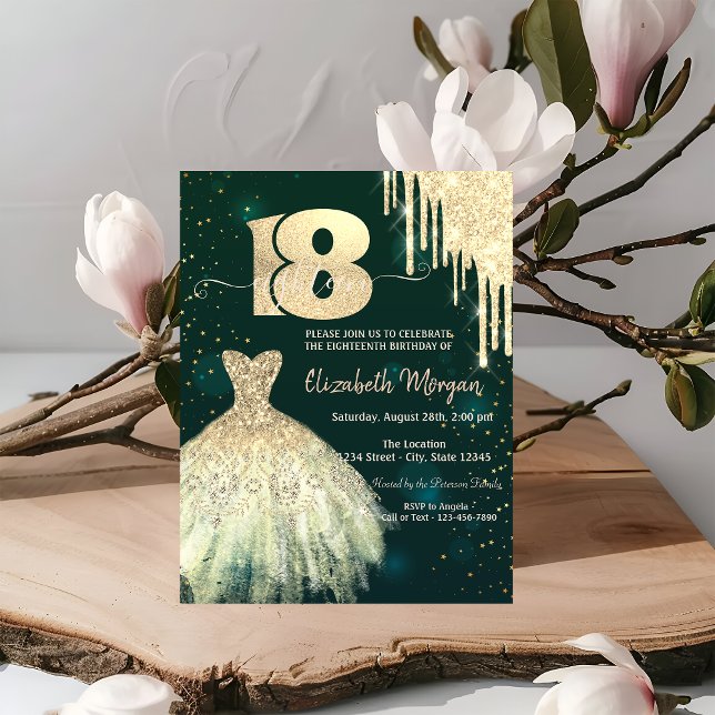 Invitation Robe verte pailletée or chic pour 18ème anniversai (Créateur téléchargé)
