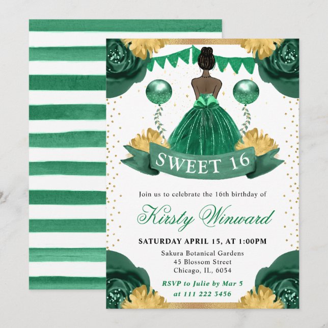 Invitation Robe Verte Peau Foncée Princesse Sweet 16 (Devant / Derrière)