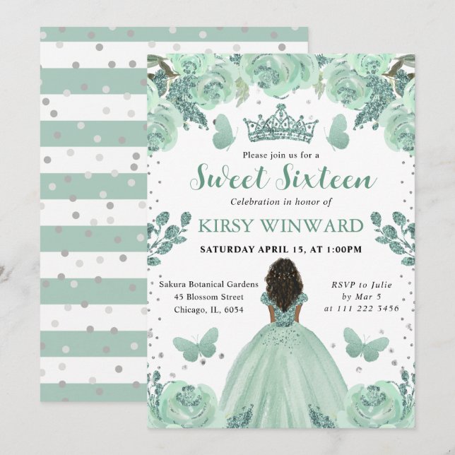 Invitation Robe verte poussiéreuse Princesse à peau foncée 16 (Devant / Derrière)