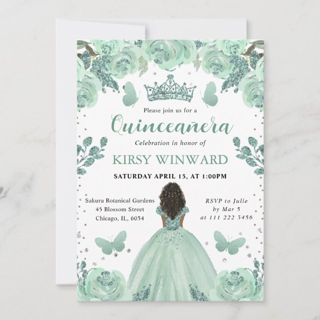 Invitation Robe verte poussiéreuse, princesse à peau foncée p (Devant)