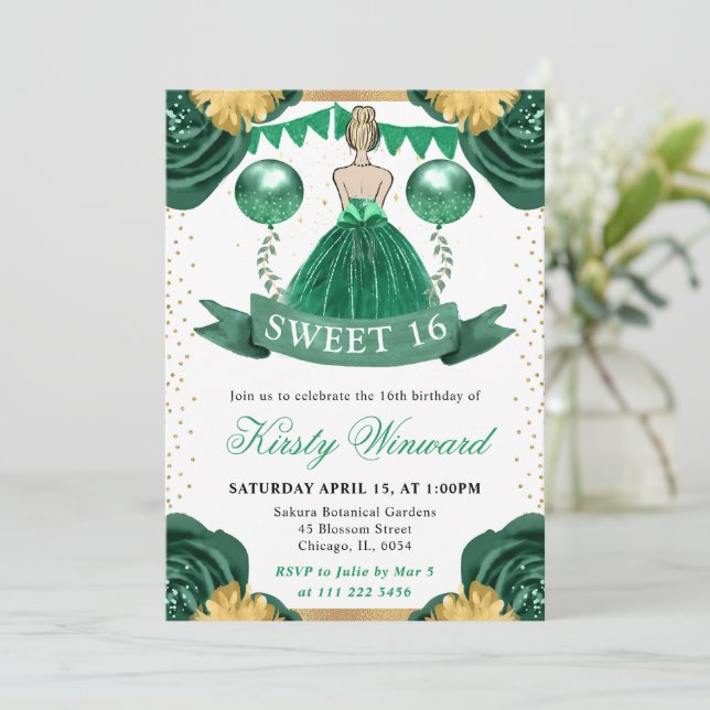 Invitation Robe verte princesse aux cheveux blonds Sweet 16 (Debout devant)