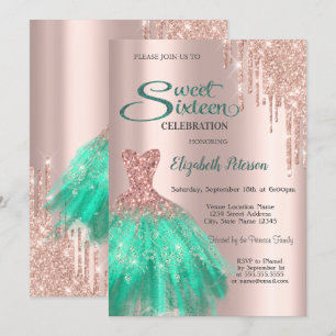Invitation Robe verte rose or Sweet 16