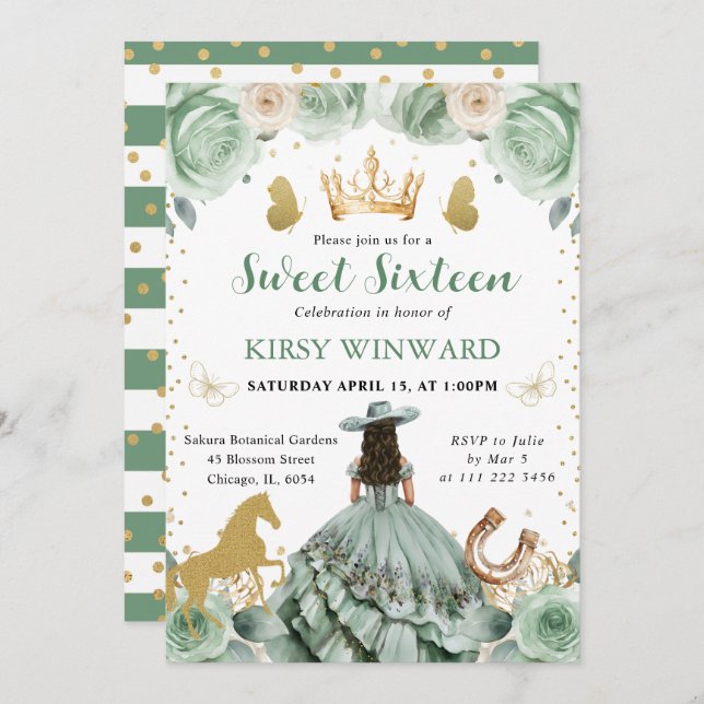 Invitation Robe verte Sage Western Princess Sweet 16 (Devant / Derrière)