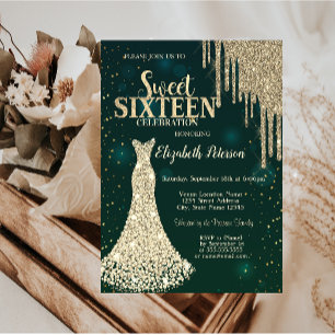 Invitation  Robe verte Sweet 16 pailletée or, gouttes de pail