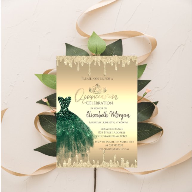 Invitation Robe verte,Tiara,Gouttes de paillettes Quinceañera (Créateur téléchargé)