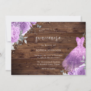 Invitation Robe violet et argenté Rose Rustique Bois Quincean