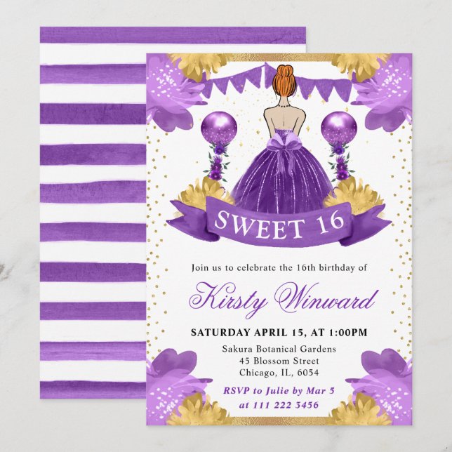 Invitation Robe violette aquarelle princesse aux cheveux roux (Devant / Derrière)