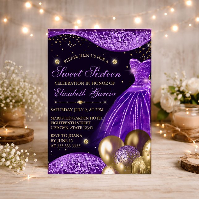 Invitation Robe violette, ballons pailletés et dorés Sweet 16 (Créateur téléchargé)