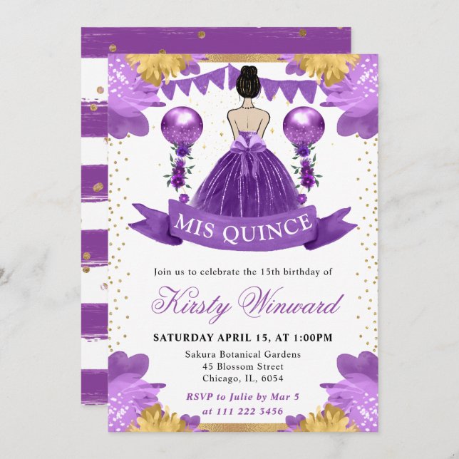 Invitation Robe violette Brunette Cheveux Princesse Quinceane (Devant / Derrière)