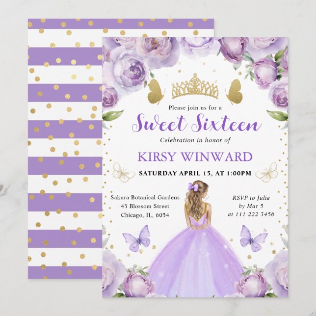 Invitation Robe Violette Cheveux Blonds Princesse Sweet 16 (Devant / Derrière)