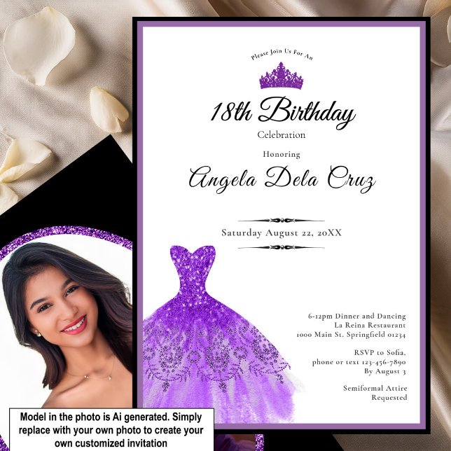 Invitation Robe violette élégante pour les 18 ans (Créateur téléchargé)