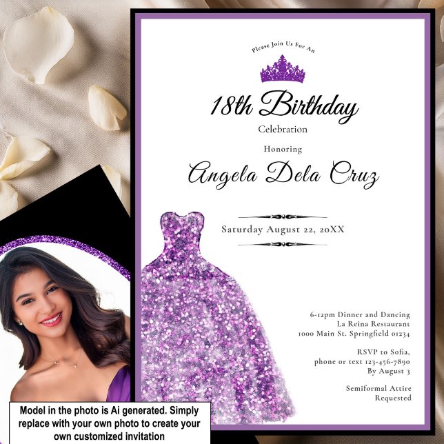 Invitation Robe violette élégante pour les 18 ans (Créateur téléchargé)
