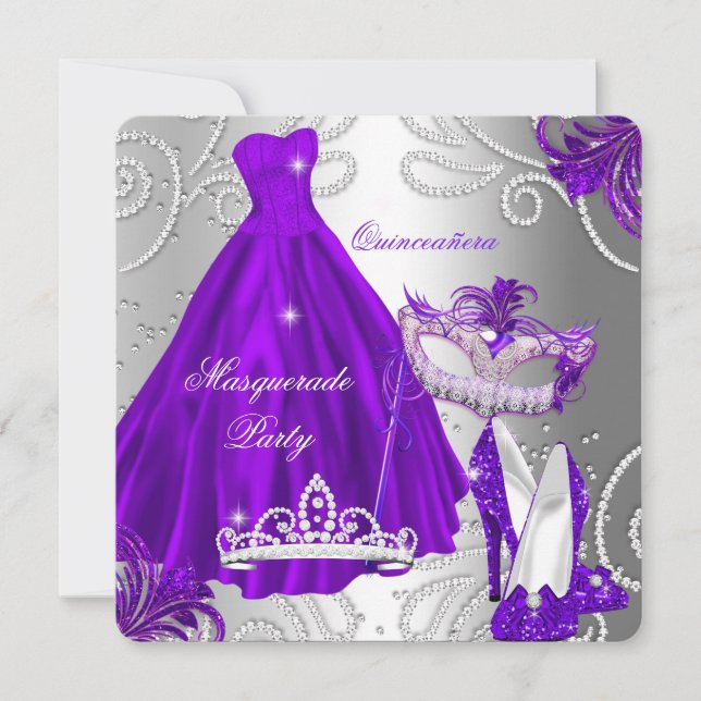 Invitation Robe violette et argentée pour soirée de masquerad (Devant)