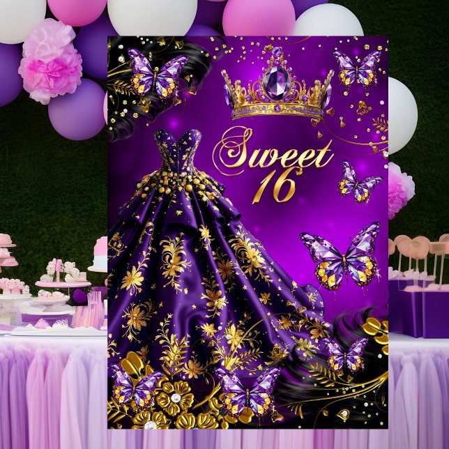 Invitation Robe violette et or pour 16ème anniversaire papill (Créateur téléchargé)