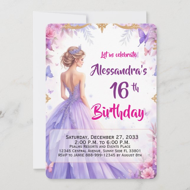 Invitation Robe violette florale élégante 16e anniversaire mo (Devant)