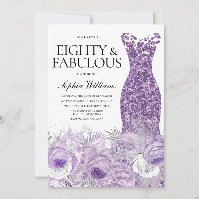 Invitation Robe violette florale Quatre-vingts Anniversaire f (Devant)