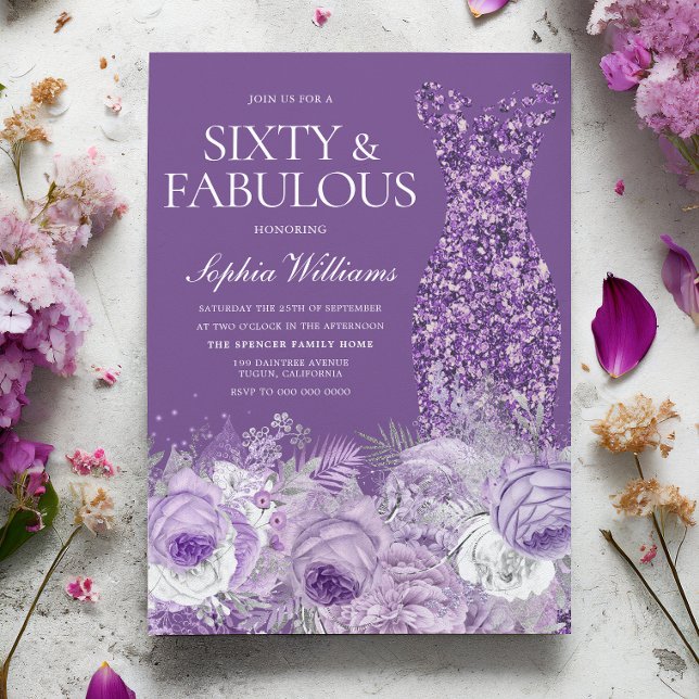 Invitation Robe violette florale Soixante et fabuleuse 60e an (Créateur téléchargé)