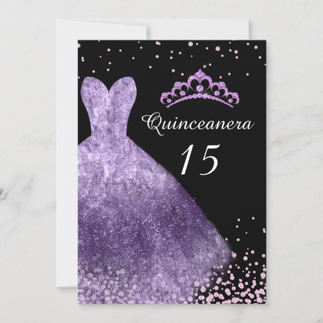 Invitation Robe violette Gown Quinceanera 15e fête d'annivers (Devant)