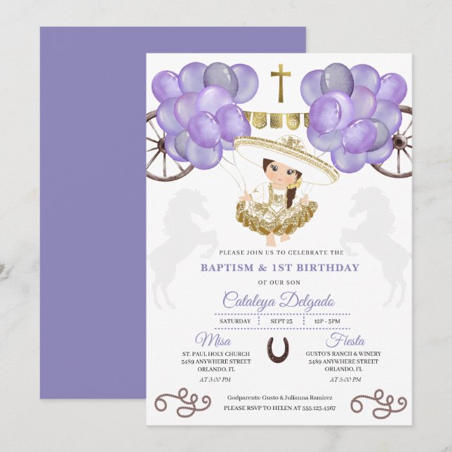 Invitation Robe violette Or Baby Charra Ballons Baptême Baptê (Devant / Derrière)