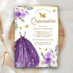 Invitation Robe violette Papillon floral Quinceanera or
