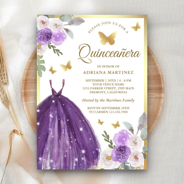 Invitation Robe violette Papillon floral Quinceanera or (Créateur téléchargé)
