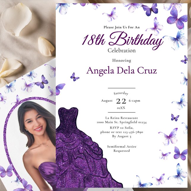 Invitation Robe violette Papillons Tenue de soirée 18e annive (Créateur téléchargé)