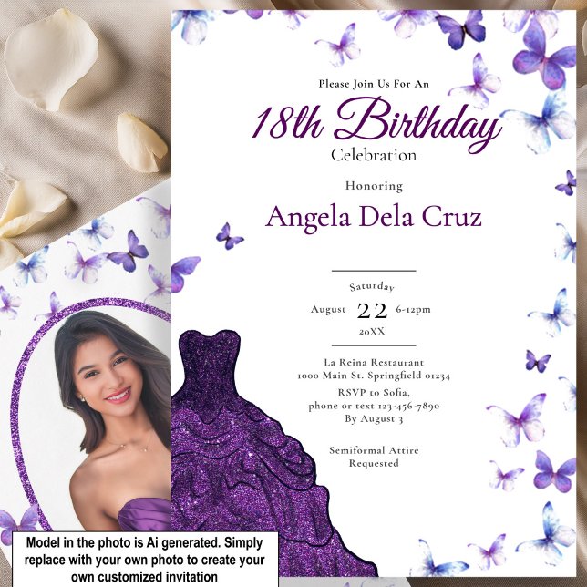 Invitation Robe violette Papillons Tenue de soirée 18e annive (Créateur téléchargé)