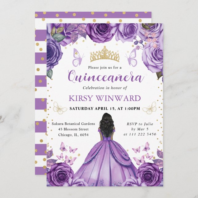 Invitation Robe violette Peau foncée princesse Quinceanera (Devant / Derrière)