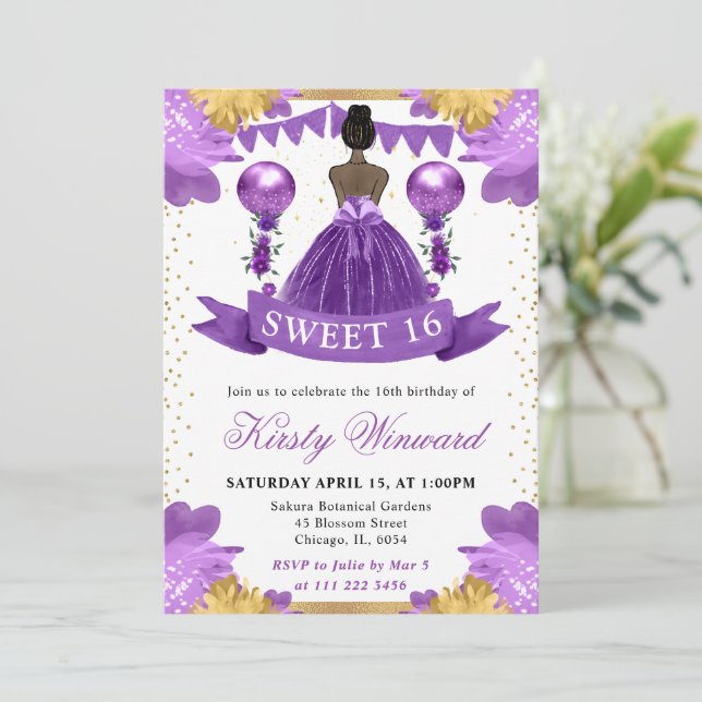 Invitation Robe Violette Peau Noire Princesse Douce 16 (Debout devant)