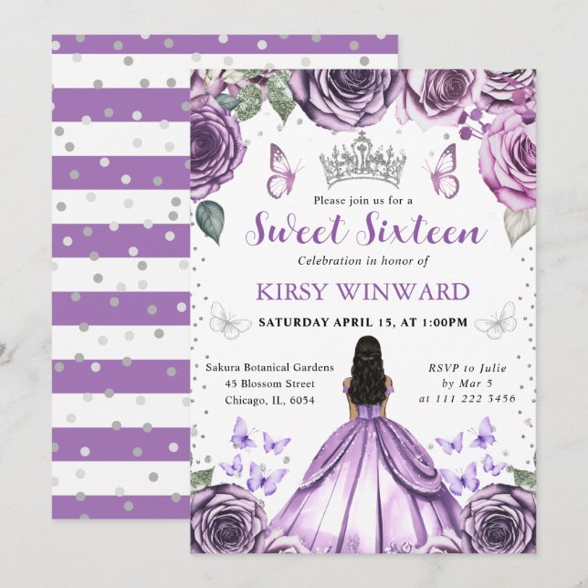 Invitation Robe Violette Peau Noire Princesse Douce 16 (Devant / Derrière)