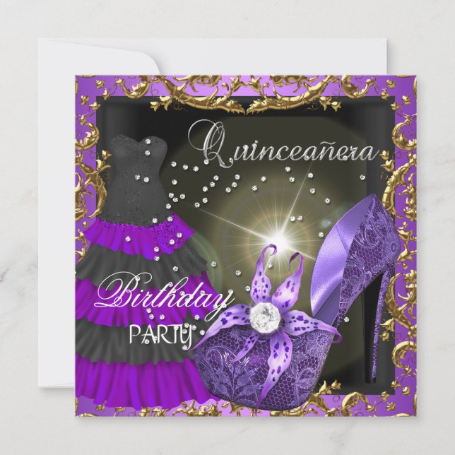 Invitation robe violette pour fête de quinceañera 15 ans (Devant)